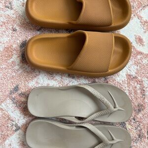 Brown Slide Sandals and Beige Flip Flops